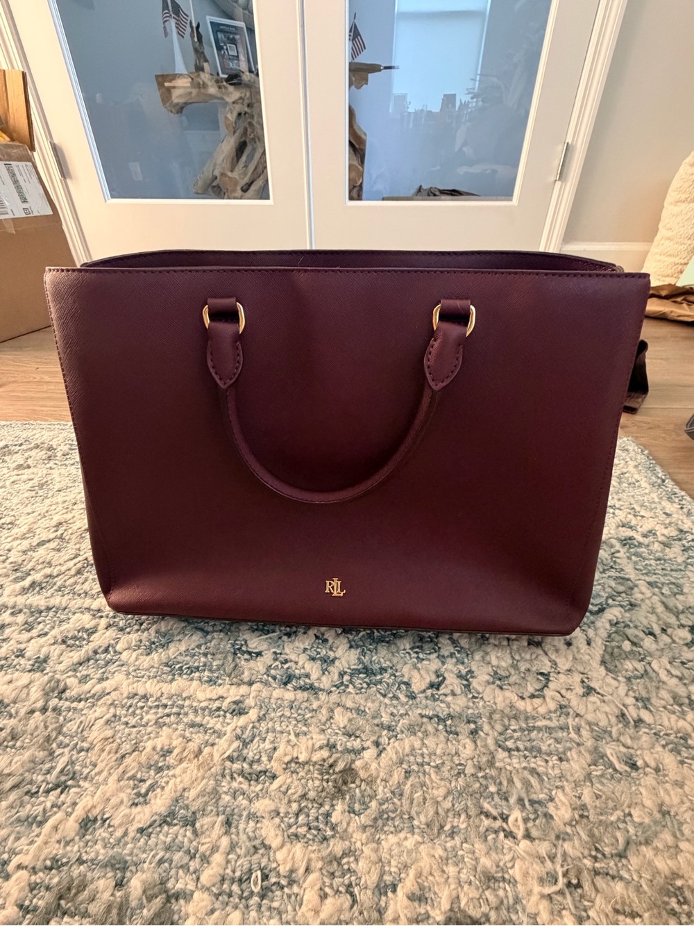 RALPH LAUREN Crosshatch Leather Large Hanna Satchel Bag Tote Burgundy